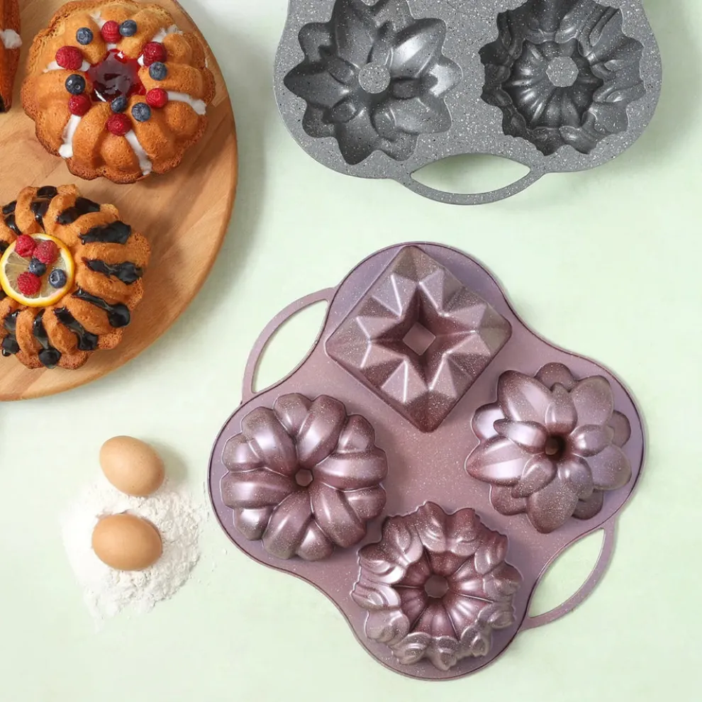 Karaca Cake Pro Aluminium Cast Decorative Bundt Cake Tin, 4 Piece, 28cmx35cm, Anthracite