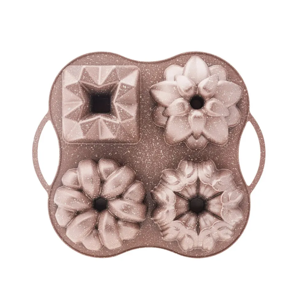 Karaca Cake Pro Aluminium Cast Decorative Bundt Cake Tin, 4 Piece, 28cmx35cm, Rose Gold