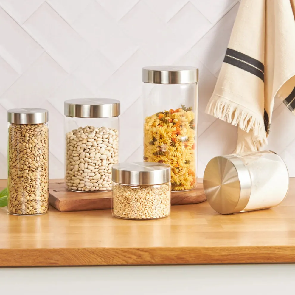 Karaca Cast 5 Piece Glass Storage Jar, Silver Transparent