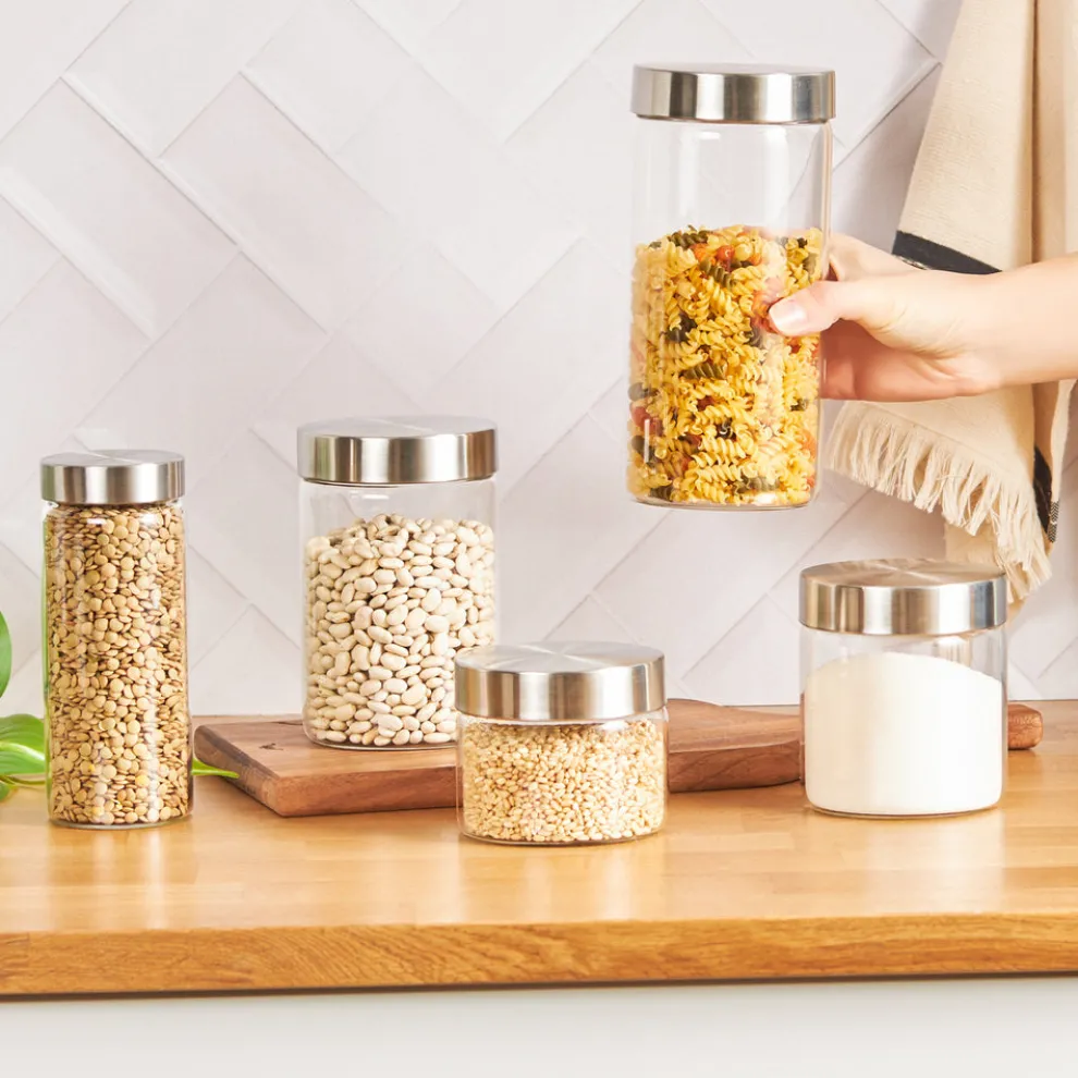 Karaca Cast 5 Piece Glass Storage Jar, Silver Transparent