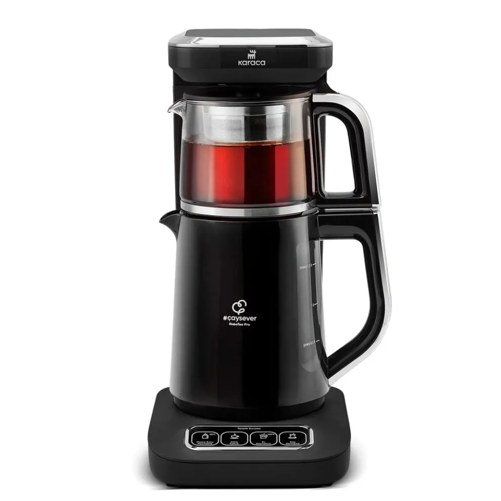 Karaca Caysever Robotea Pro 4 in 1 Talking Automatic Tea Maker Kettle and Filter Coffee Maker, 2500W, Black Chrome