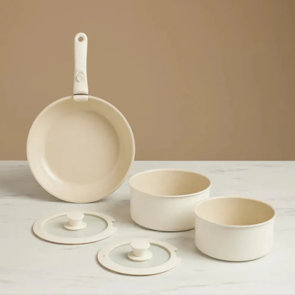 Karaca Ceramica Comfort 6-Piece Non-Stick Induction Detachable Cookware Set, Cream