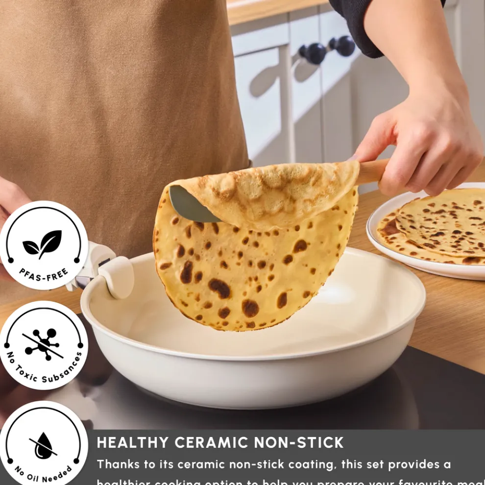 Karaca Ceramica Comfort 6-Piece Non-Stick Induction Detachable Cookware Set, Cream