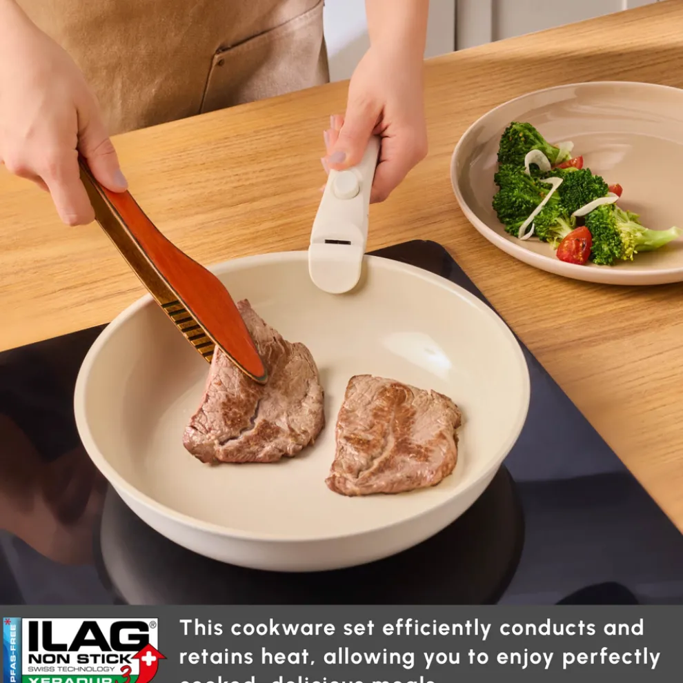 Karaca Ceramica Comfort 6-Piece Non-Stick Induction Detachable Cookware Set, Cream