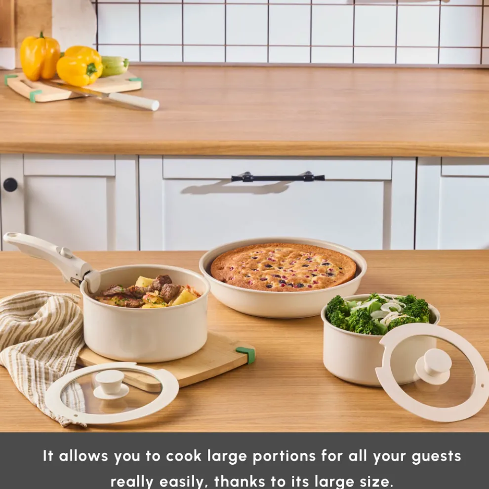 Karaca Ceramica Comfort 6-Piece Non-Stick Induction Detachable Cookware Set, Cream