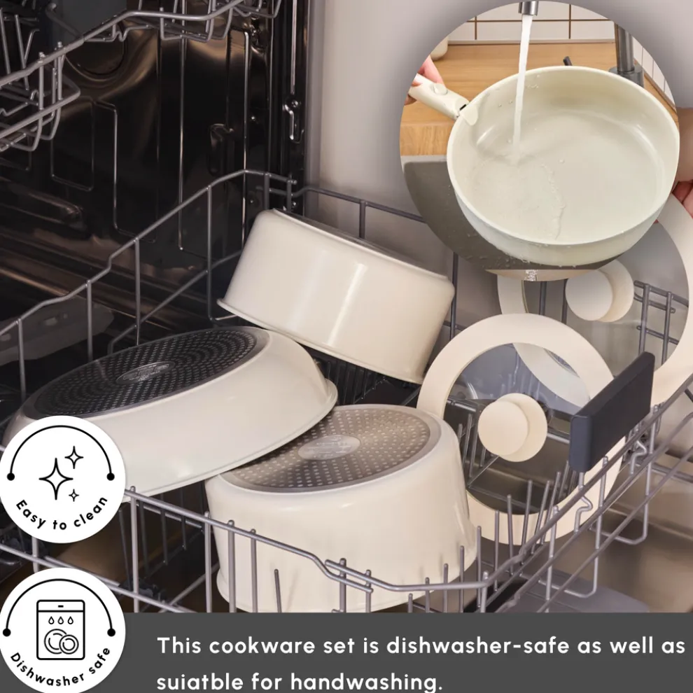 Karaca Ceramica Comfort 6-Piece Non-Stick Induction Detachable Cookware Set, Cream