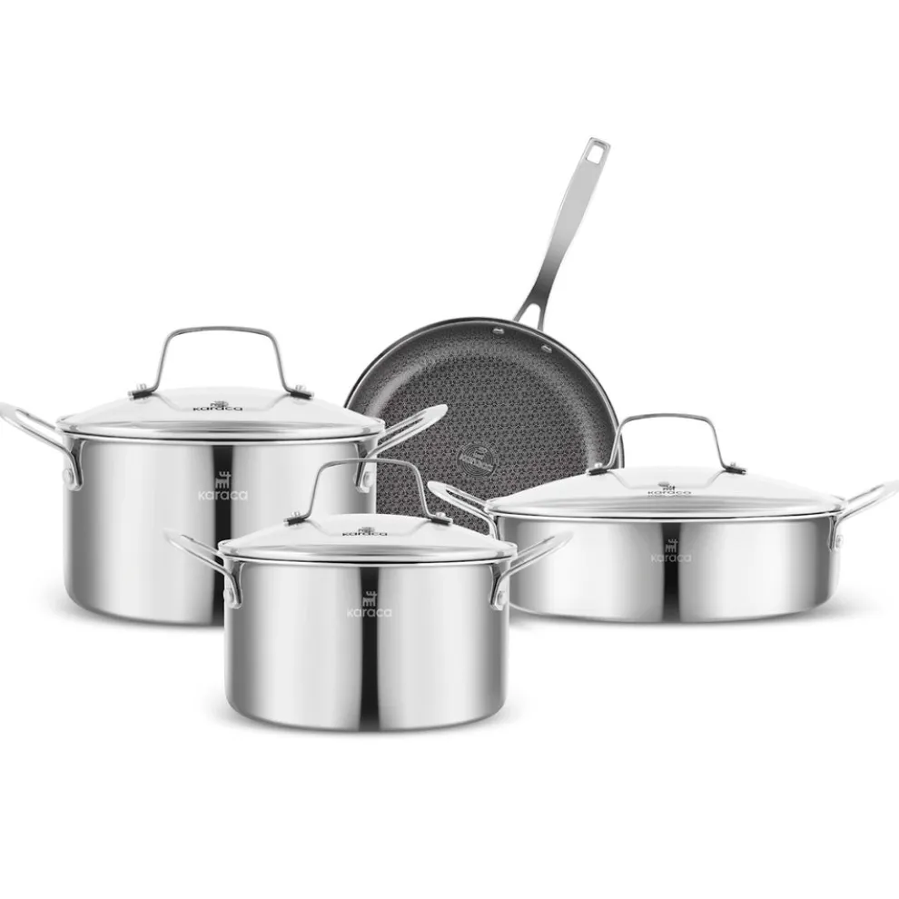 Karaca Ceramica Steel 3Ply Stainless Steel 7-Piece Induction Non-Stick Cookware Set, Silver