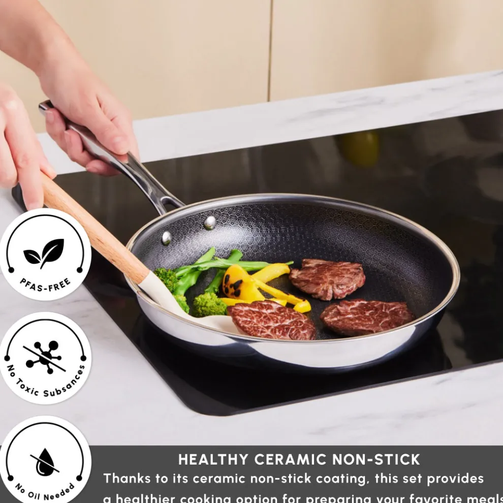 Karaca Ceramica Steel 3Ply Stainless Steel 7-Piece Induction Non-Stick Cookware Set, Silver