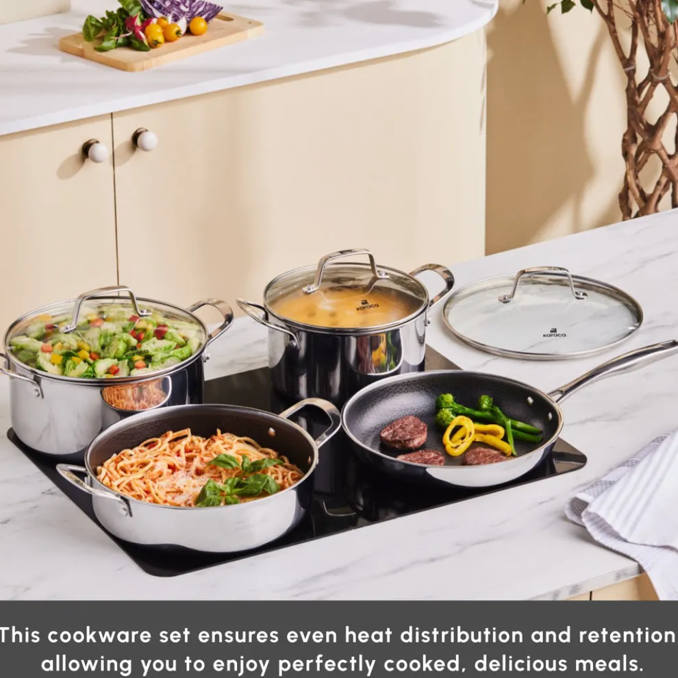Karaca Ceramica Steel 3Ply Stainless Steel 7-Piece Induction Non-Stick Cookware Set, Silver