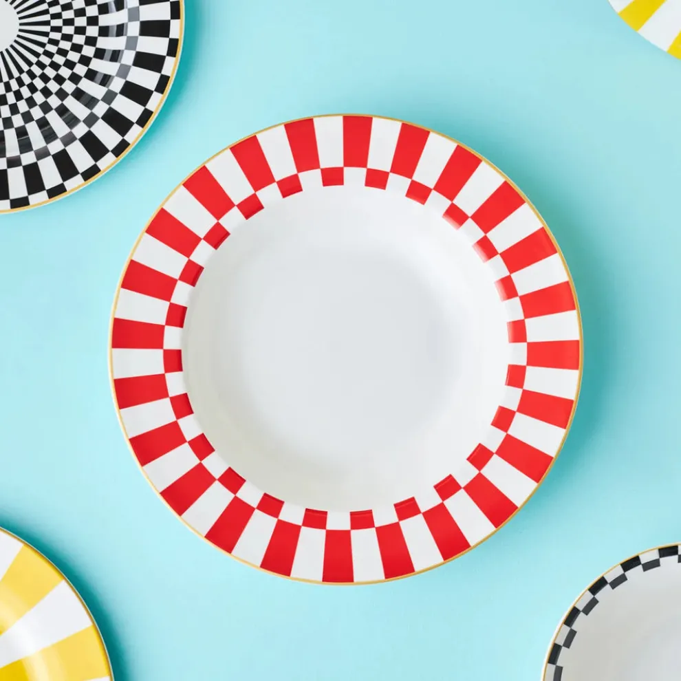 Karaca Circus Porcelain Pasta Bowl, 20cm, Red White Gold