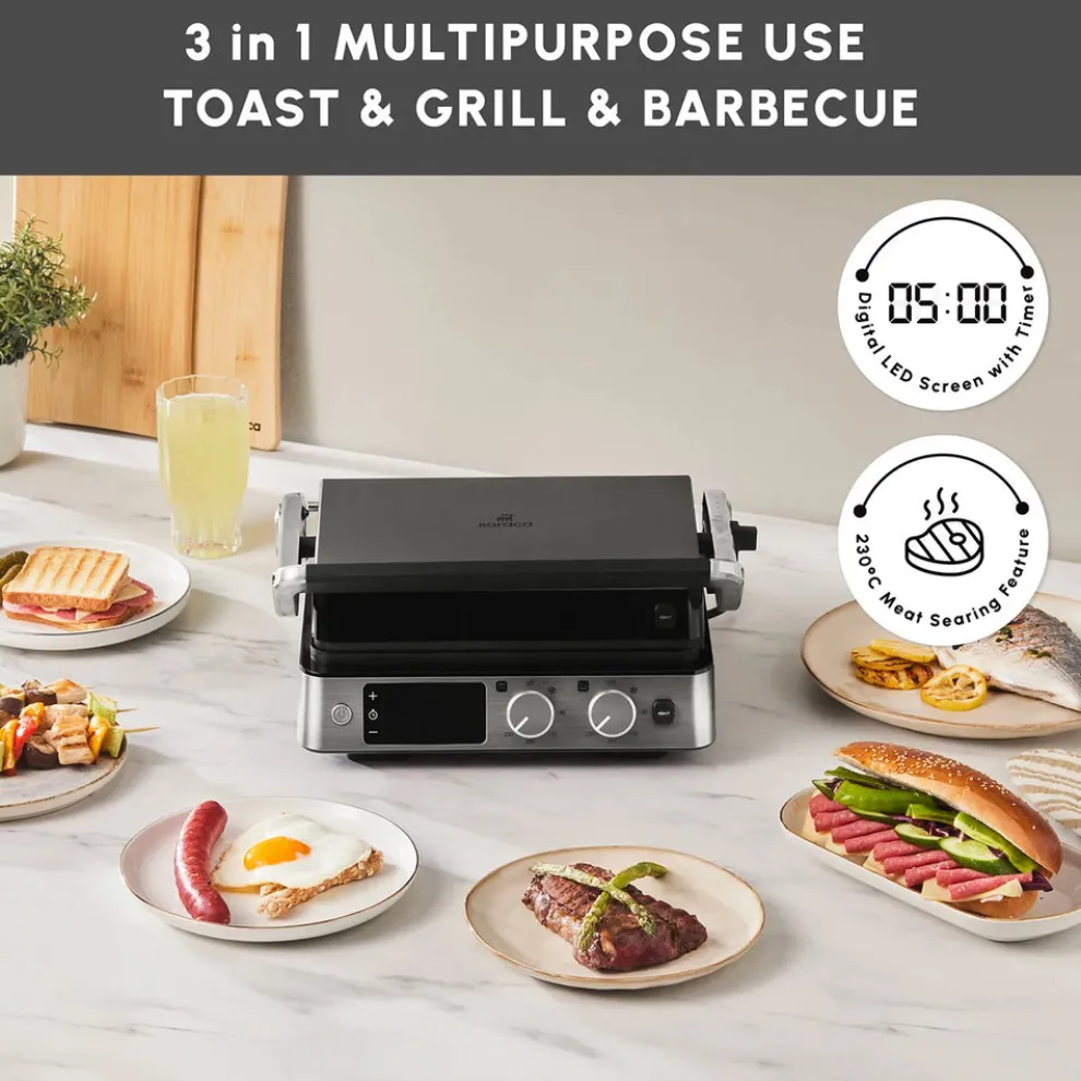 Karaca Compact Steel Pro Sear and Grill Inox 2008 Grill and Sandwich Toaster, 2000W