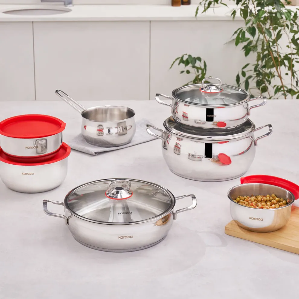 Karaca Cook & Store 13-Piece Stainless Steel Induction Cookware Set, Silver