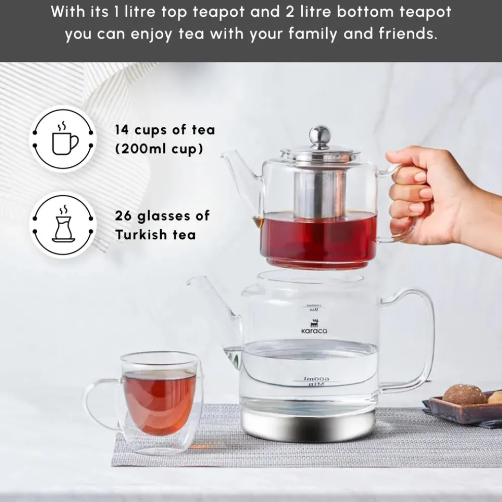 Karaca Dora Borosilicate Glass Induction Teapot Set, Xlarge, Transparent