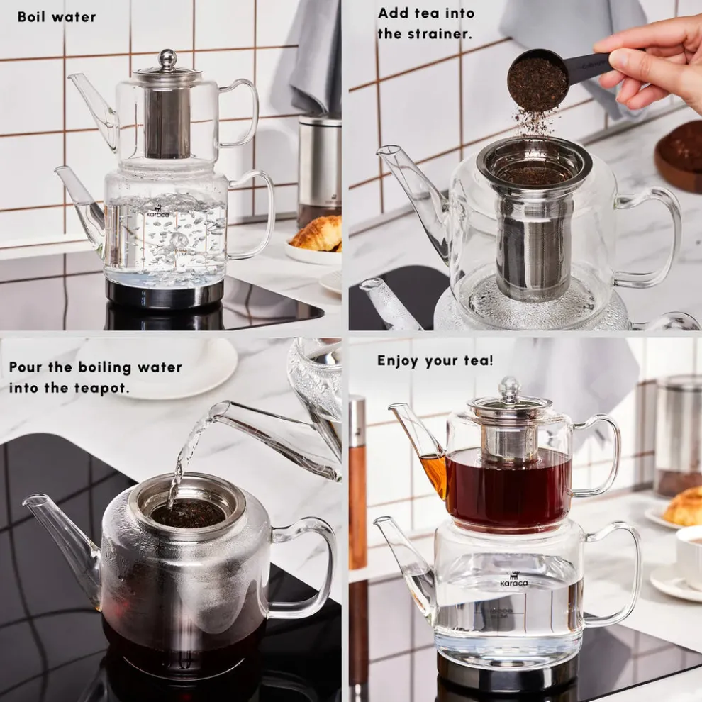 Karaca Dora Borosilicate Glass Induction Teapot Set, Xlarge, Transparent