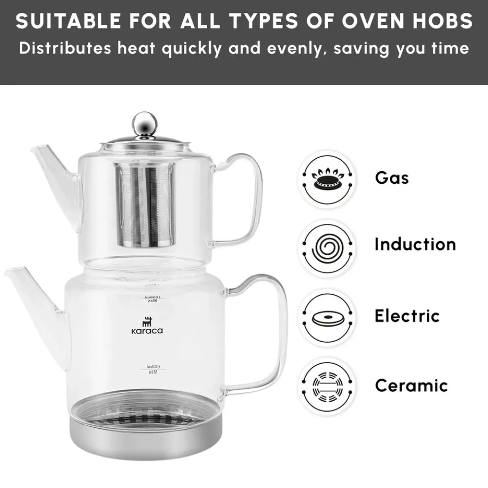 Karaca Dora Borosilicate Glass Induction Teapot Set, Xlarge, Transparent