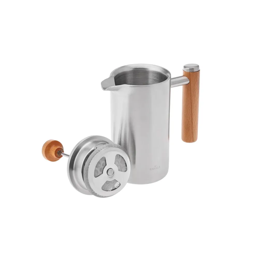 Karaca Double Wall Stainless Steel French Press with Oak Handle, 350ml, Silver Oak