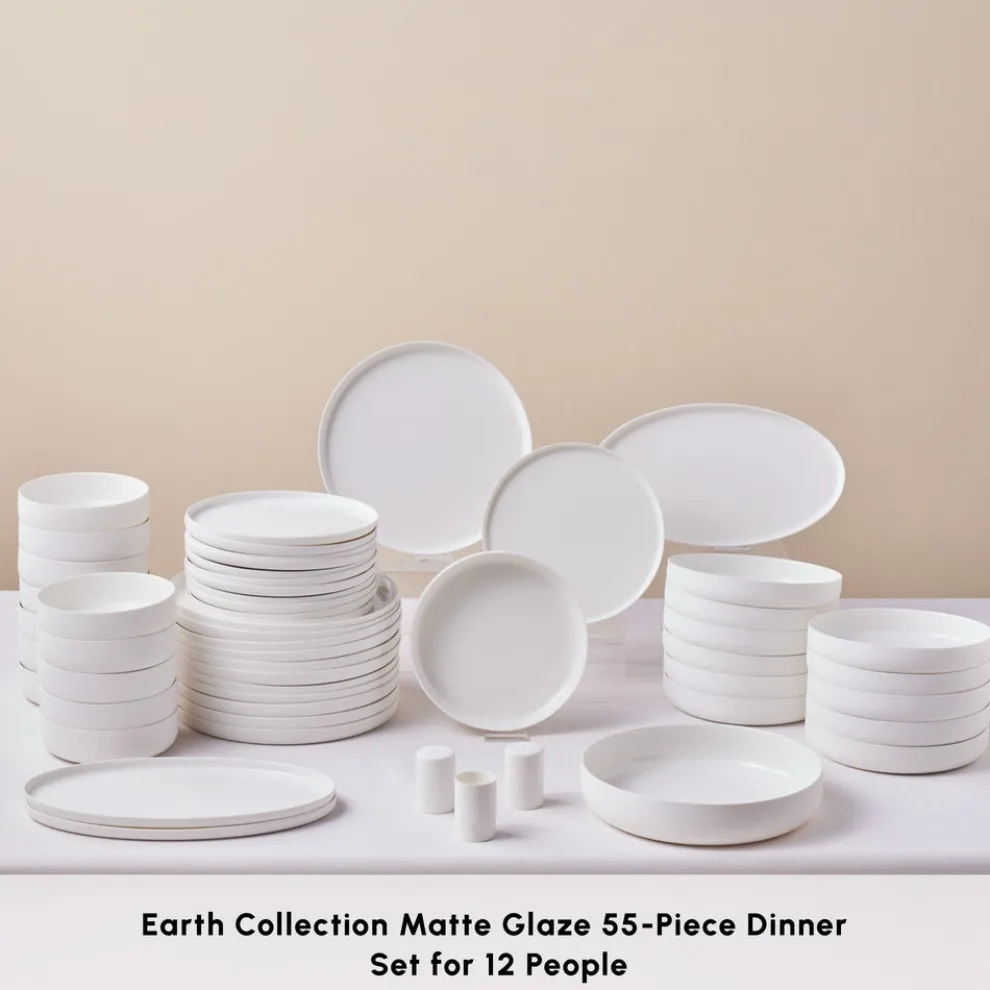 Karaca Earth Collection Matte Glaze 55-Piece Porcelain Dinner Set for 12 People, White