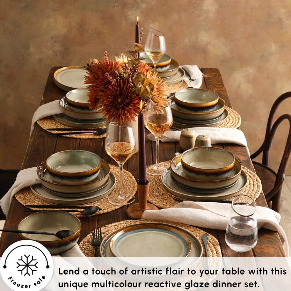 Karaca Earth Collection Earthy Reactive Glaze 52-Piece Stoneware Dinner Set for 12 People, Multi