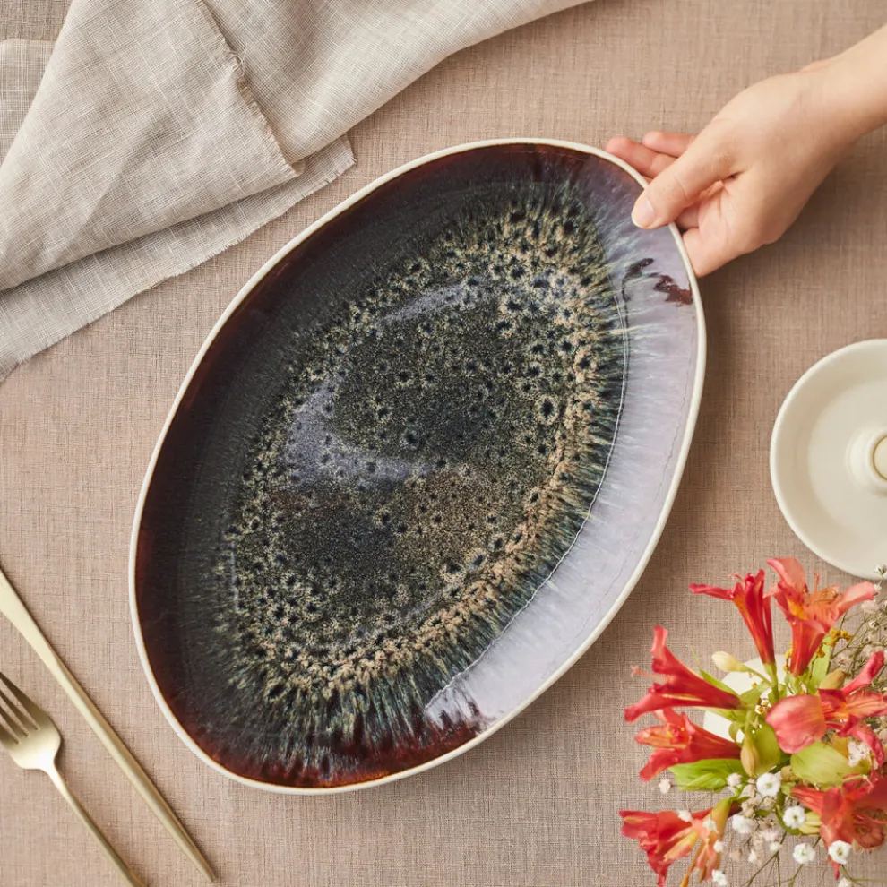 Karaca Earth Collection New Galactic Reactive Glaze Large Serving Platter, 36cm, White