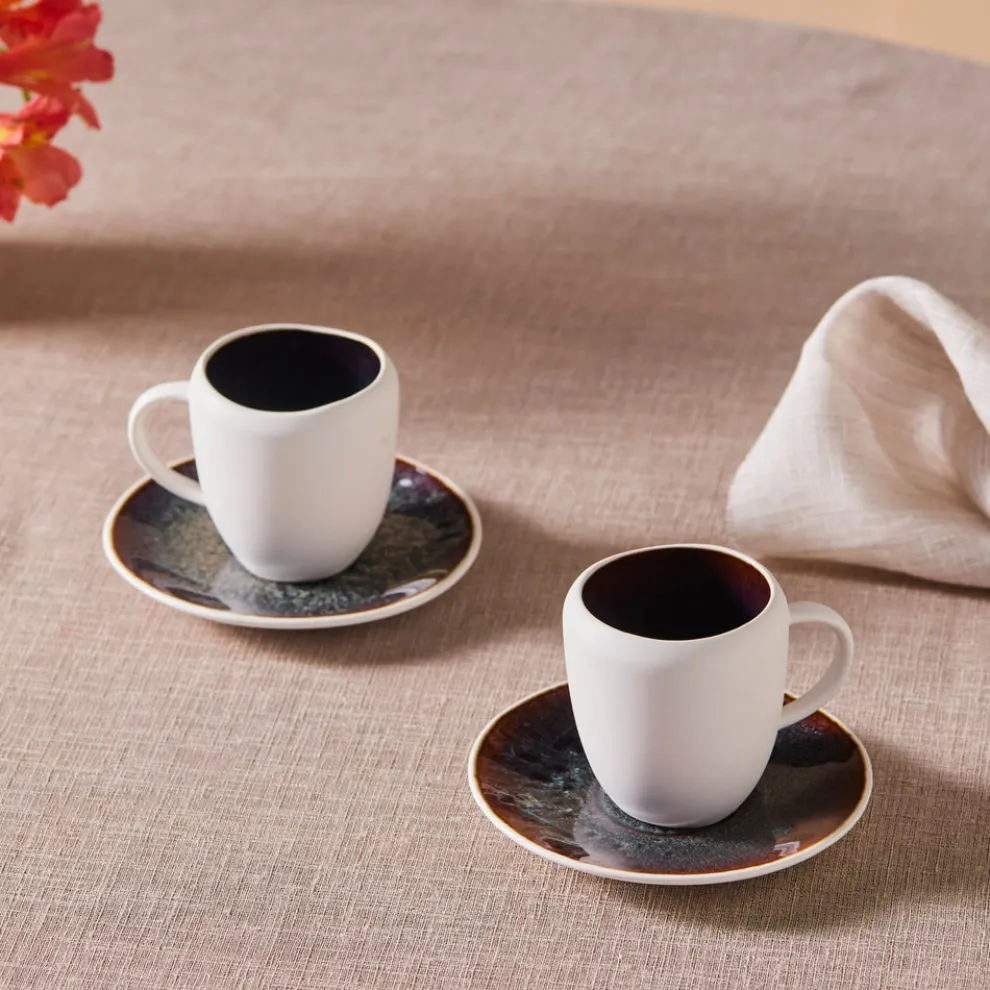 Karaca Earth Collection New Galactic 2-Piece Reactive Glaze Espresso Turkish Coffee Cup Set, 100ml, White