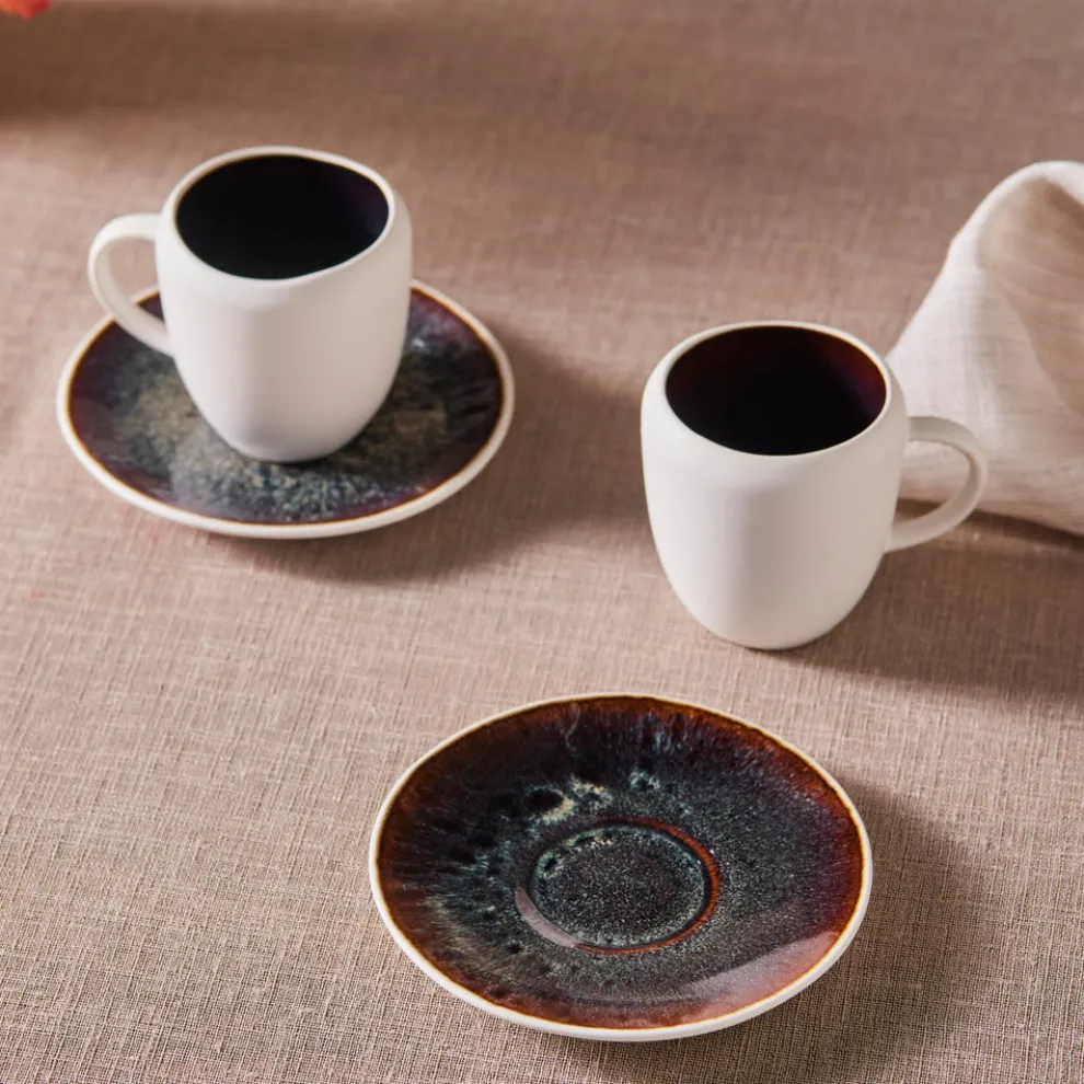 Karaca Earth Collection New Galactic 2-Piece Reactive Glaze Espresso Turkish Coffee Cup Set, 100ml, White