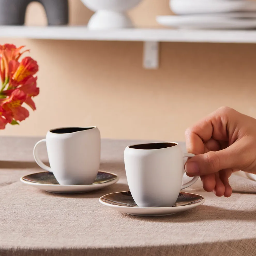 Karaca Earth Collection New Galactic 2-Piece Reactive Glaze Espresso Turkish Coffee Cup Set, 100ml, White
