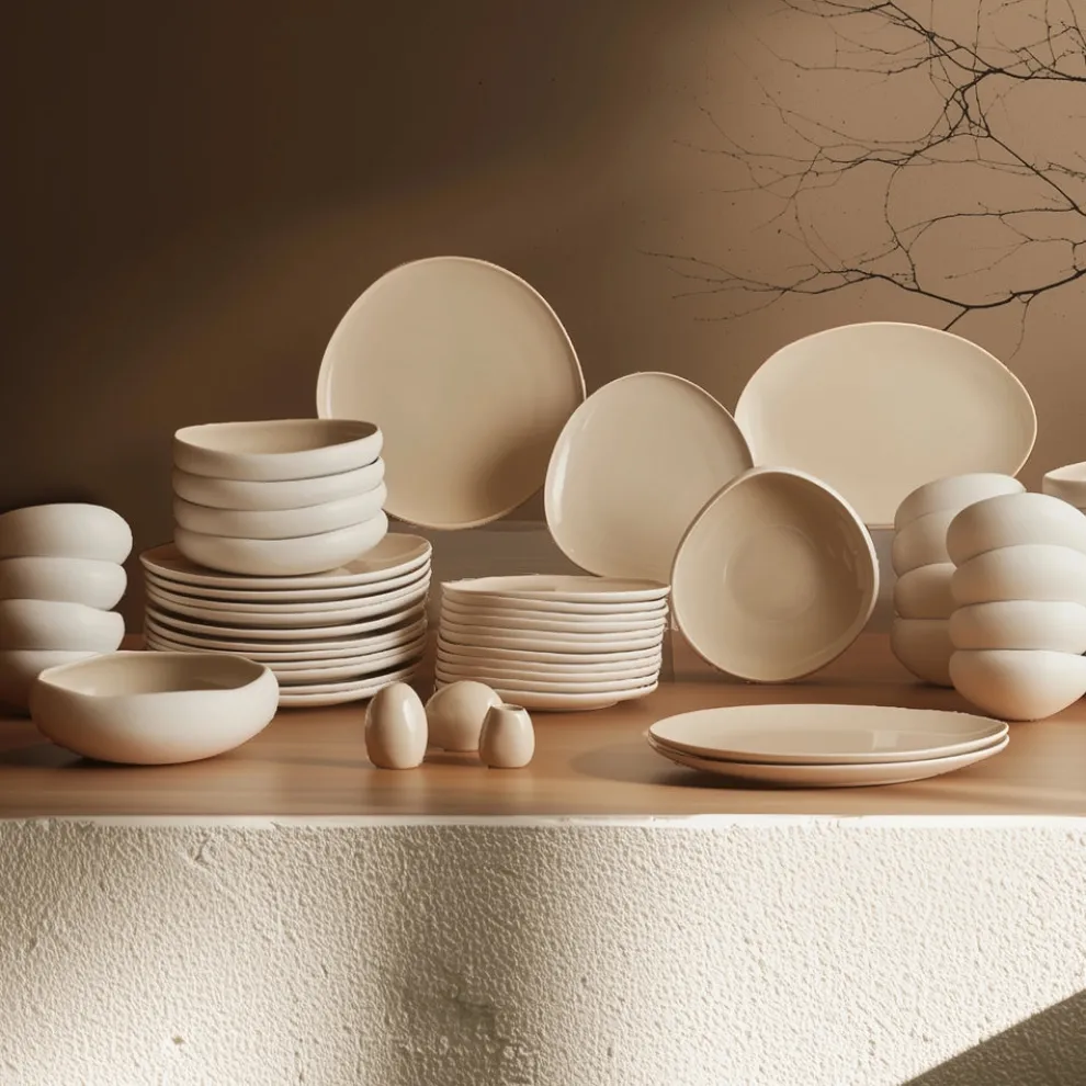 Karaca Earth Collection New Cupid 55-Piece Stoneware Dinner Set for 12 People, Cream