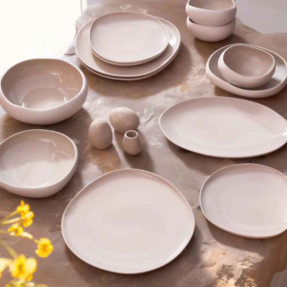 Karaca Earth Collection New Cupid 55-Piece Stoneware Dinner Set for 12 People, Cream