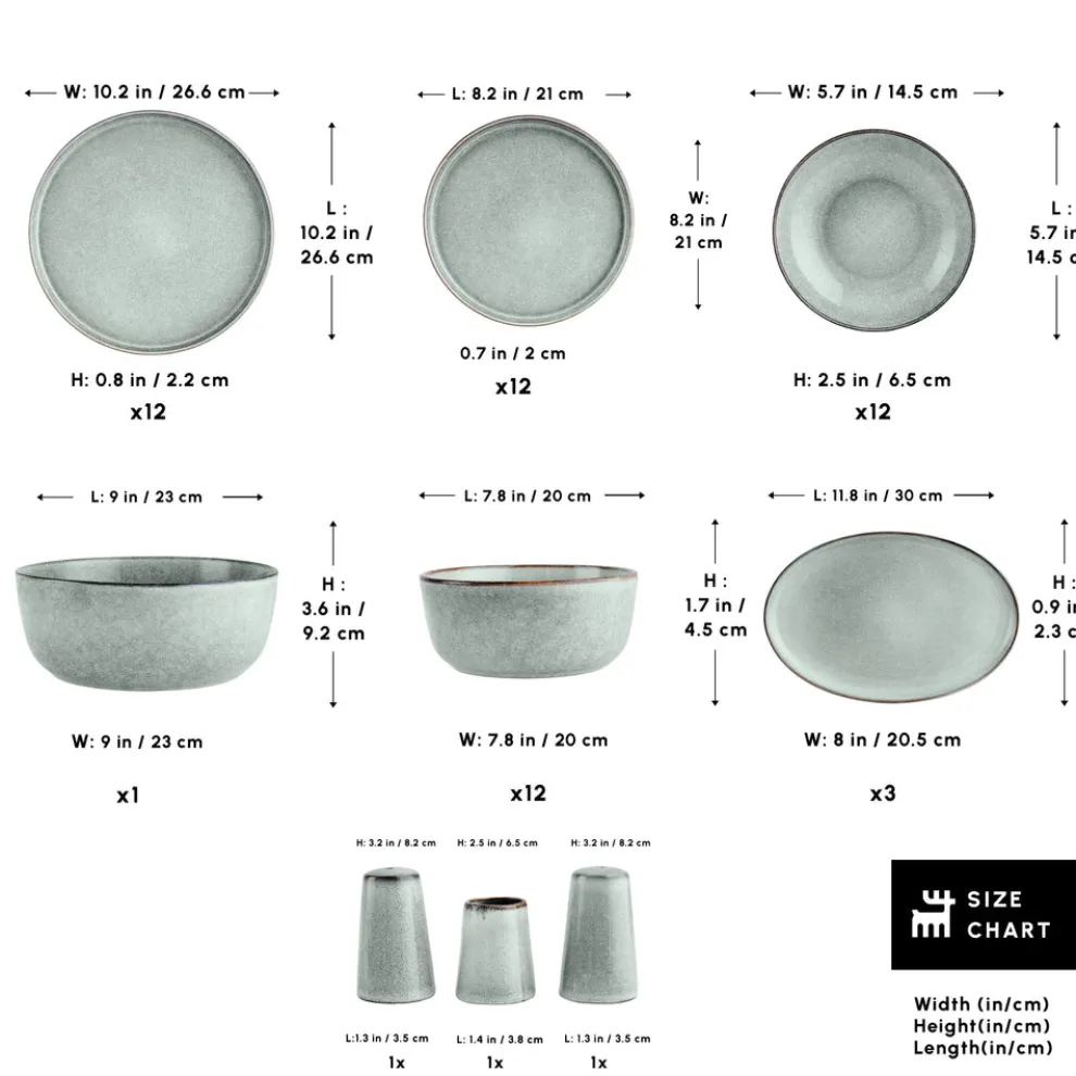 Karaca Earth Collection Skal 55-Piece Stoneware Dinner Set for 12 People, Grey