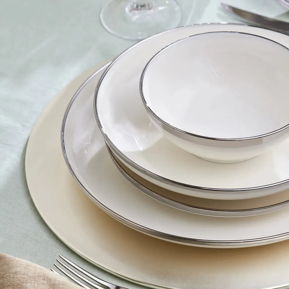 Karaca Eclipse 57-Piece Bone China Dinner Set for 12 People, White Platinum