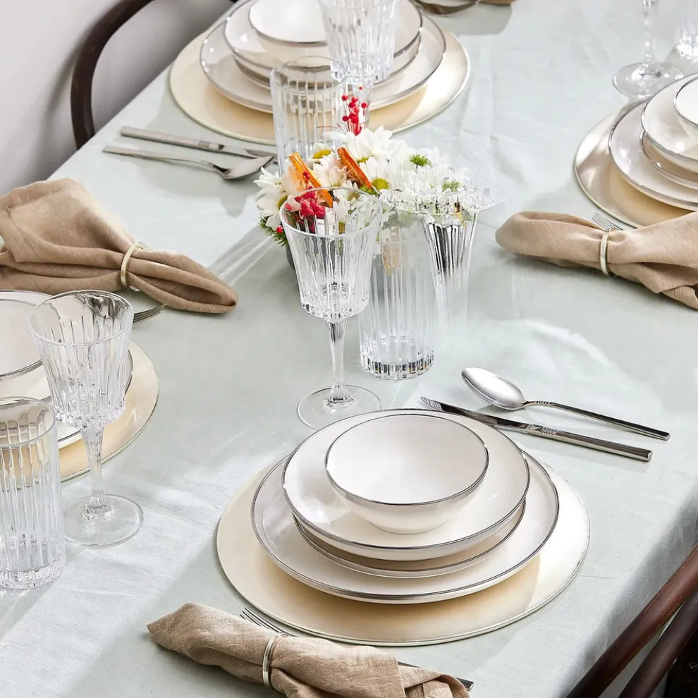 Karaca Eclipse 57-Piece Bone China Dinner Set for 12 People, White Platinum