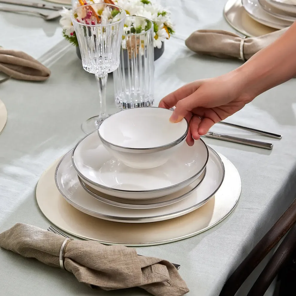 Karaca Eclipse 57-Piece Bone China Dinner Set for 12 People, White Platinum