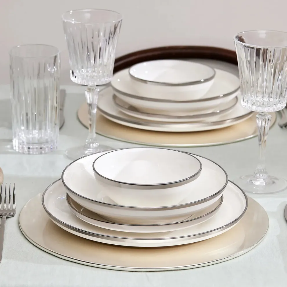 Karaca Eclipse 57-Piece Bone China Dinner Set for 12 People, White Platinum