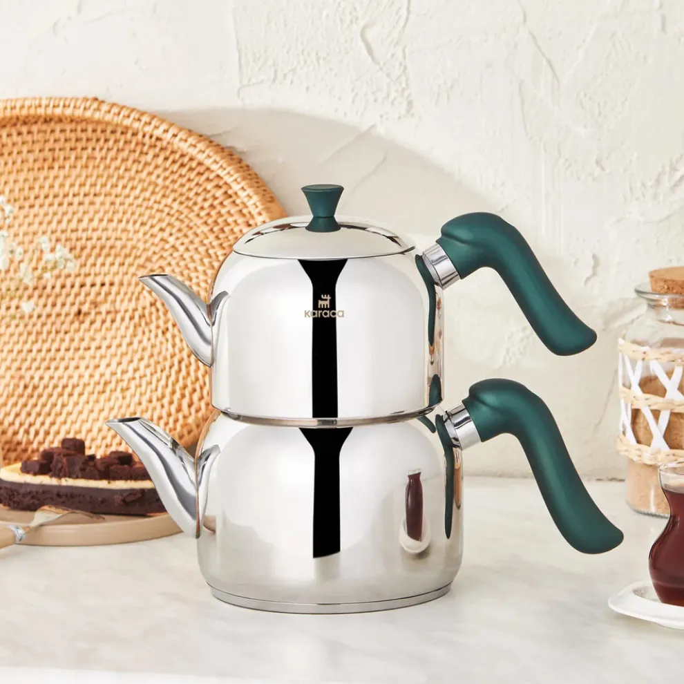 Karaca Edana Stainless Steel Induction Teapot Set, Medium, Green Silver