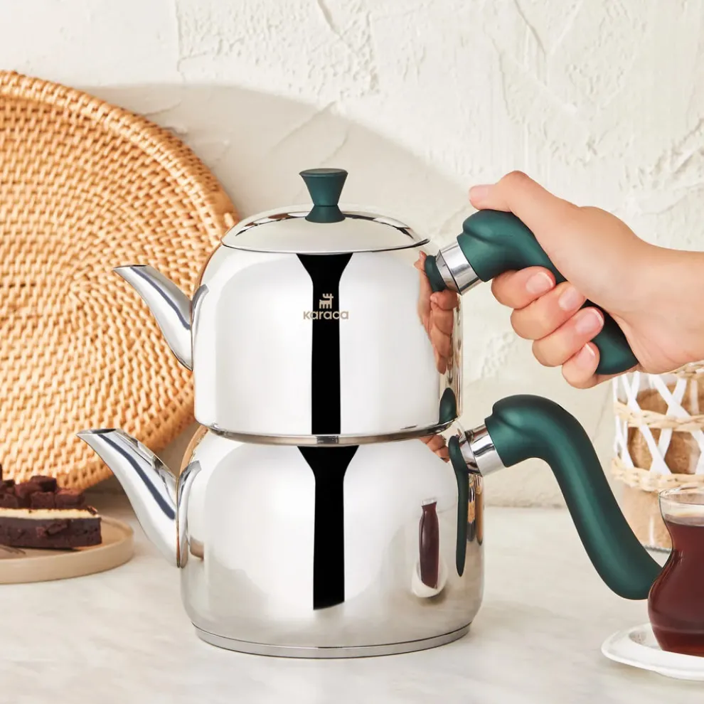 Karaca Edana Stainless Steel Induction Teapot Set, Medium, Green Silver