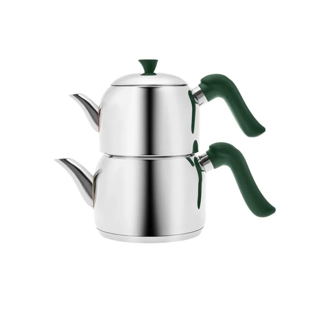 Karaca Edana Stainless Steel Induction Teapot Set, Medium, Green Silver