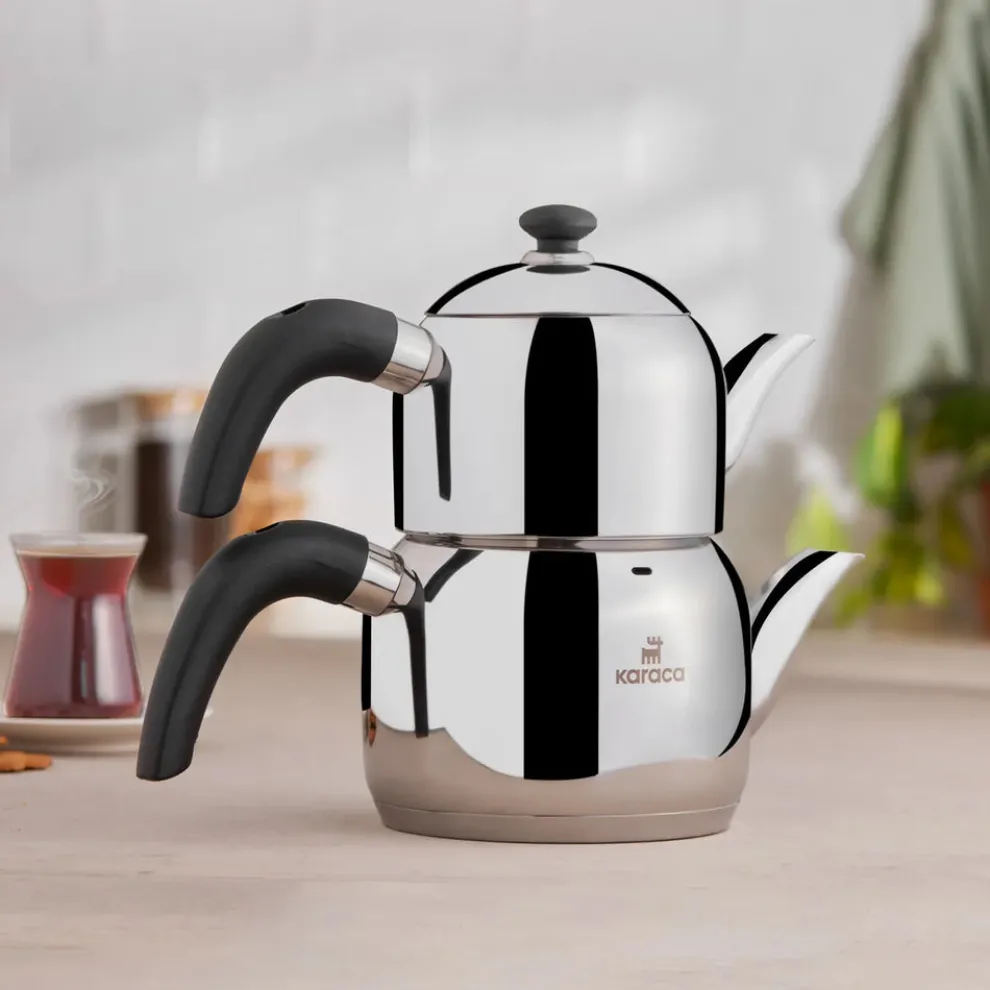 Karaca Edge Stainless Steel Induction Teapot Set, Small, Silver Black