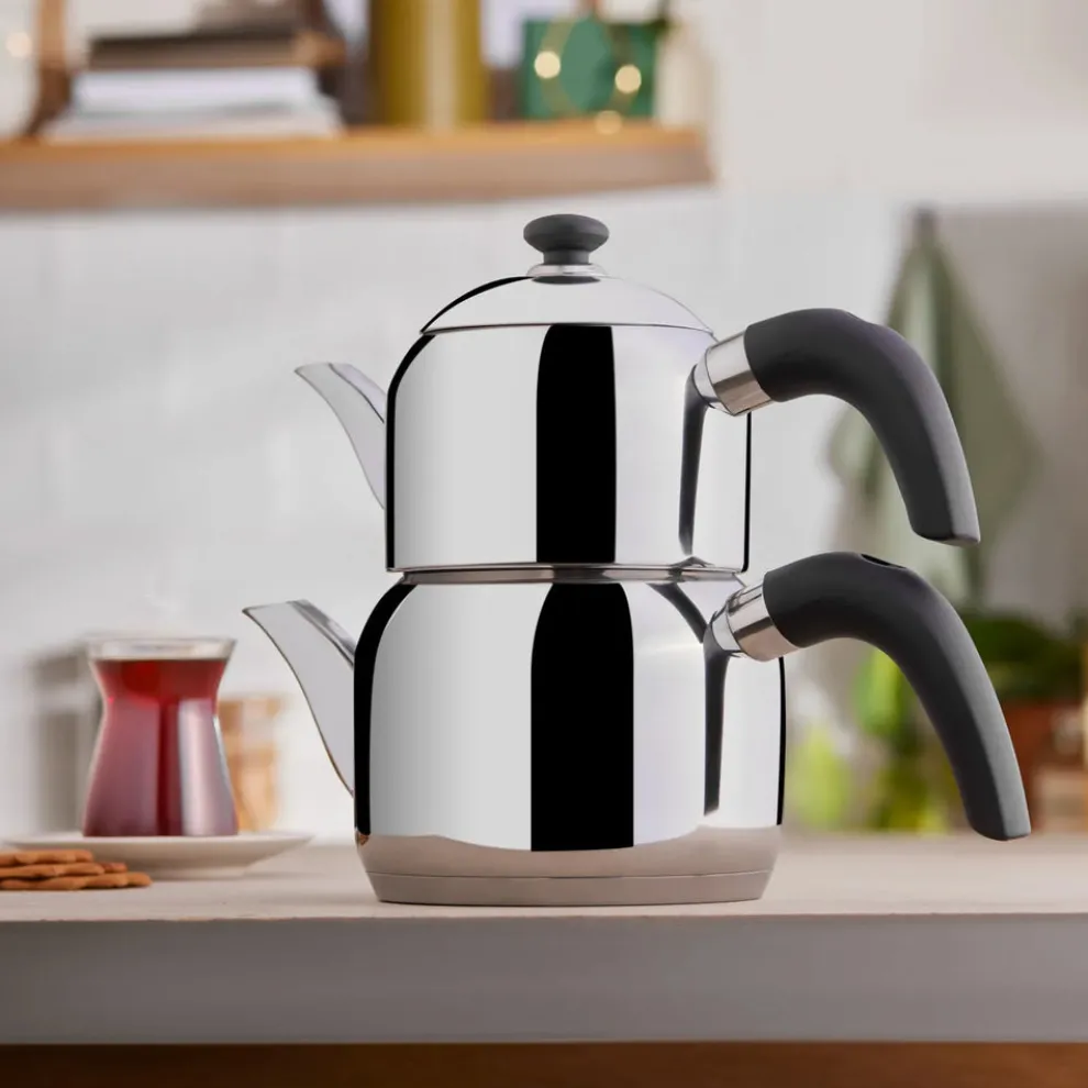 Karaca Edge Stainless Steel Induction Teapot Set, Small, Silver Black