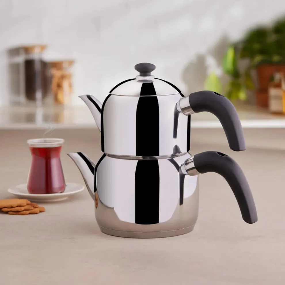 Karaca Edge Stainless Steel Induction Teapot Set, Small, Silver Black