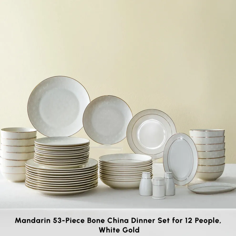 Karaca Elegance Bone China Mandarin 53-Piece Dinner Set for 12 People, Gold