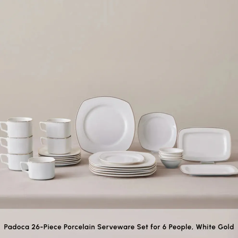 Karaca Elegance Bone Padoca 26-Piece Half Square Serveware Set for 6 People, Gold