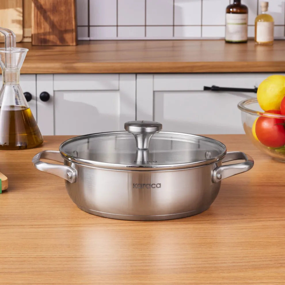 Karaca Elite Stainless Steel Induction Shallow Casserole & Lid, 22cm, Silver