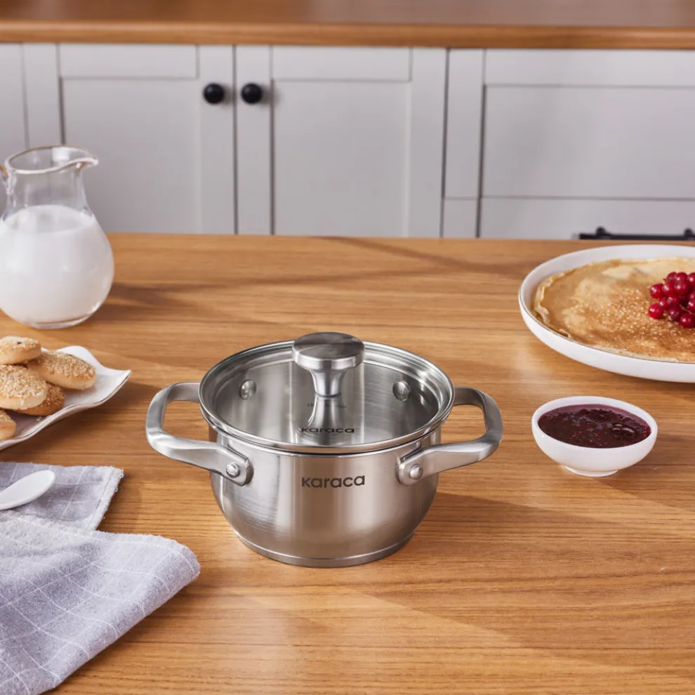 Karaca Elite Stainless Steel Induction Mini Stock Pot & Lid, 14cm, Silver