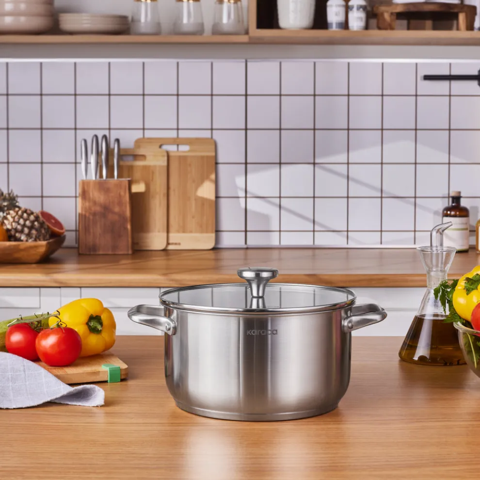 Karaca Elite Stainless Steel Induction Stock Pot & Lid, 24cm, Silver