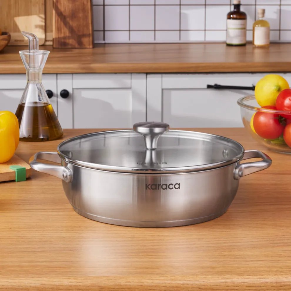 Karaca Elite Stainless Steel Induction Shallow Casserole & Lid, 26cm, Silver