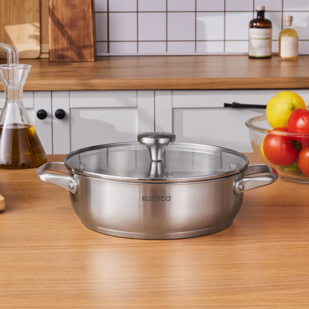 Karaca Elite Stainless Steel Induction Shallow Casserole & Lid, 24cm, Silver