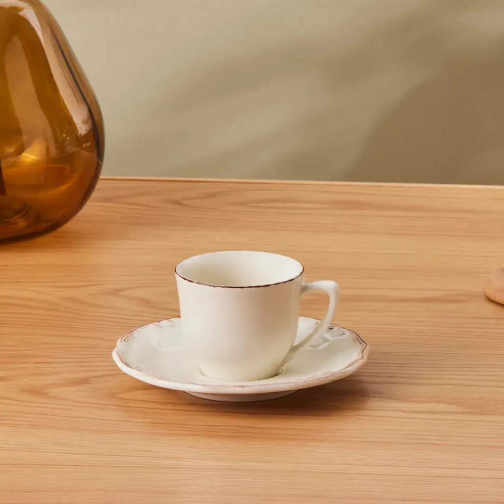 Karaca Elizabeth Ceramic Tea Cup and Saucer Set, 180ml, Ecru