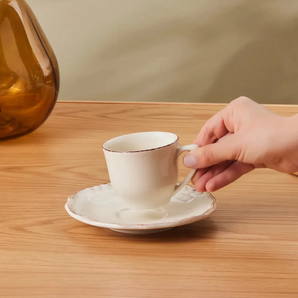 Karaca Elizabeth Ceramic Tea Cup and Saucer Set, 180ml, Ecru