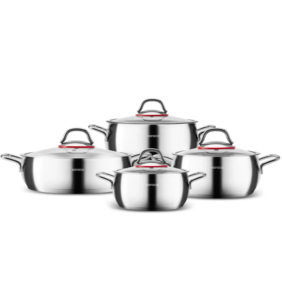 Karaca Emirgan 8-Piece Stainless Steel Induction Cookware Set, Silver Red