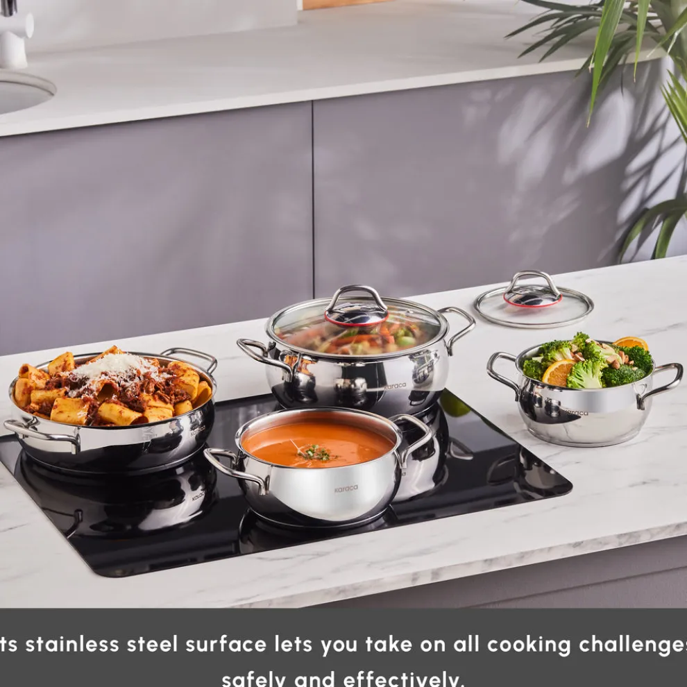 Karaca Emirgan 8-Piece Stainless Steel Induction Cookware Set, Silver Red